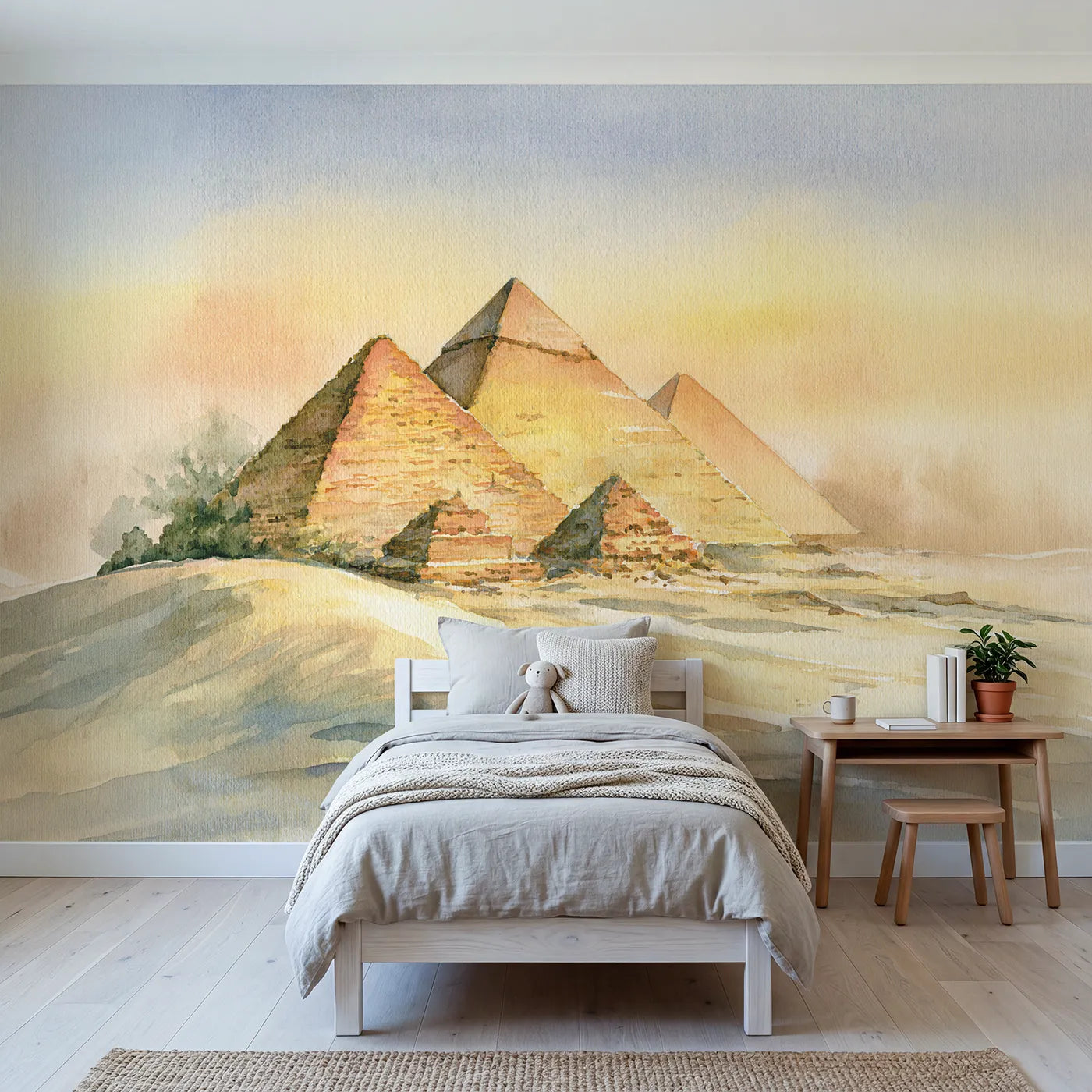 Watercolor wall mural of the Giza pyramids by Whimsy Tots