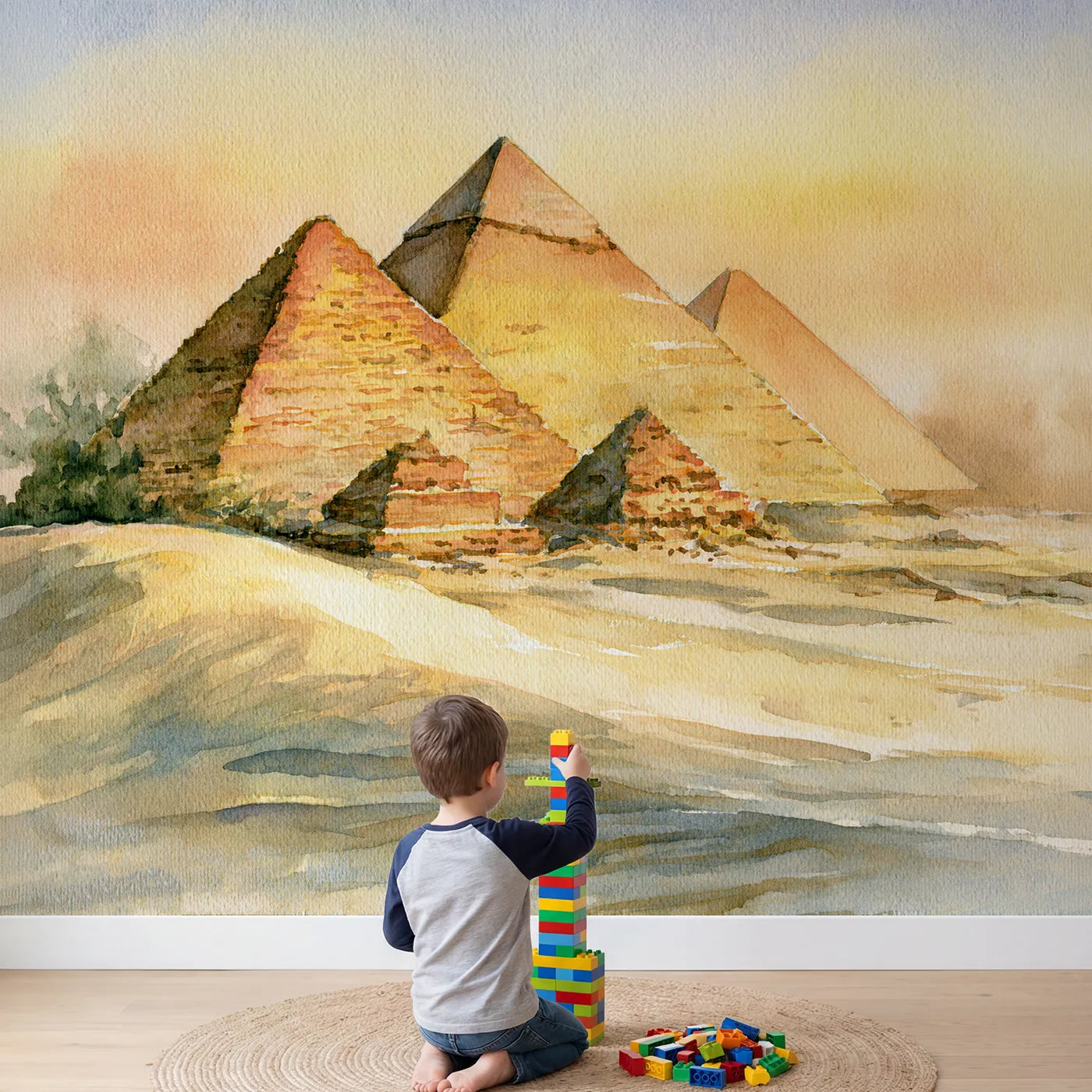 Child in nursery with Giza Pyramids Egypt Wallpaper Mural by Whimsy Tots