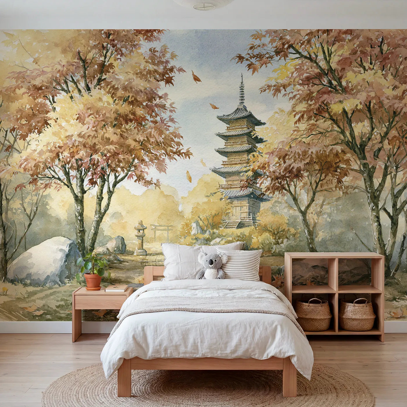 Watercolor wall mural of a five-story pagoda by Whimsy Tots