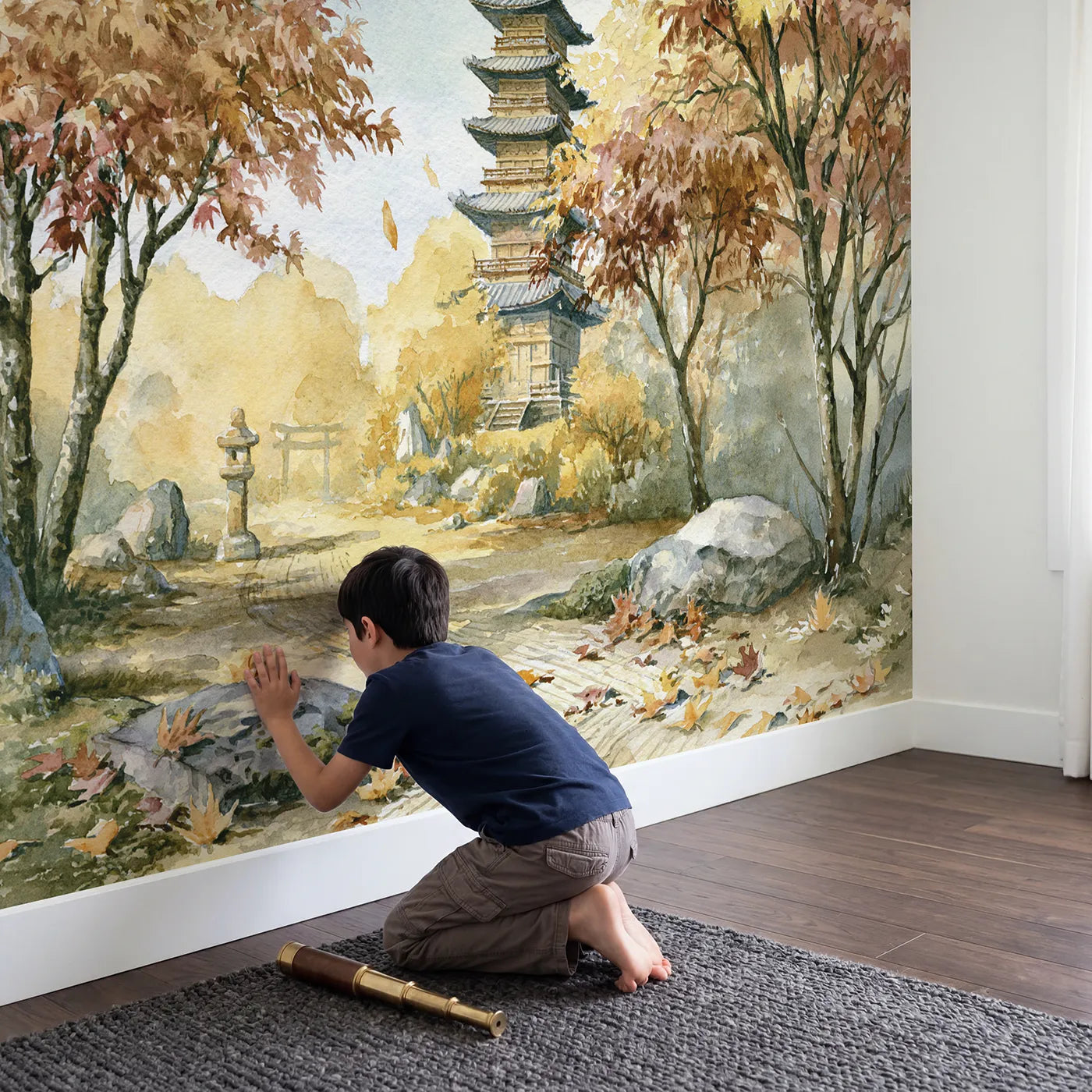 Child in nursery with Kyoto Pagoda Temple Wallpaper Mural by Whimsy Tots