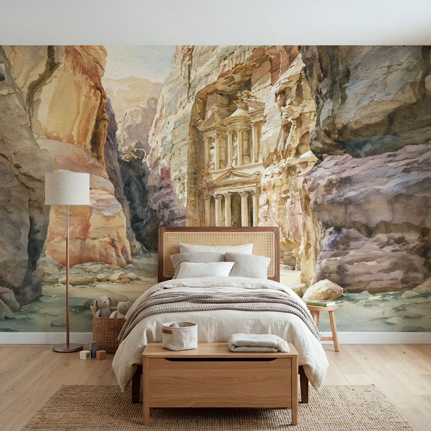 Watercolor wall mural of the Petra rock facade by Whimsy Tots