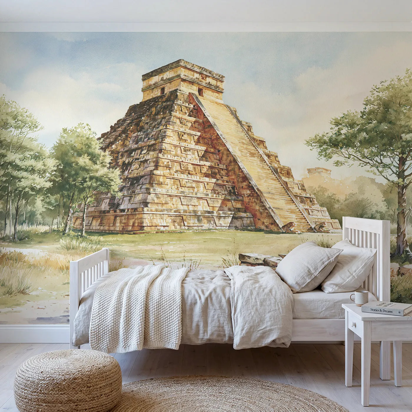 Watercolor wall mural of the Chichen Itza pyramid by Whimsy Tots