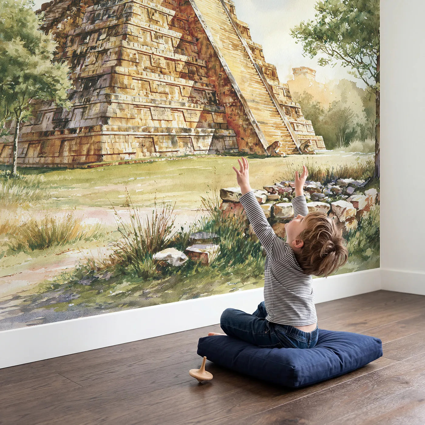 Child in nursery with Chichen Itza Pyramid Wallpaper Mural by Whimsy Tots