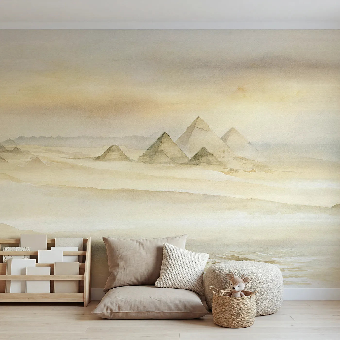 Watercolor wall mural of hazy dusk pyramids by Whimsy Tots