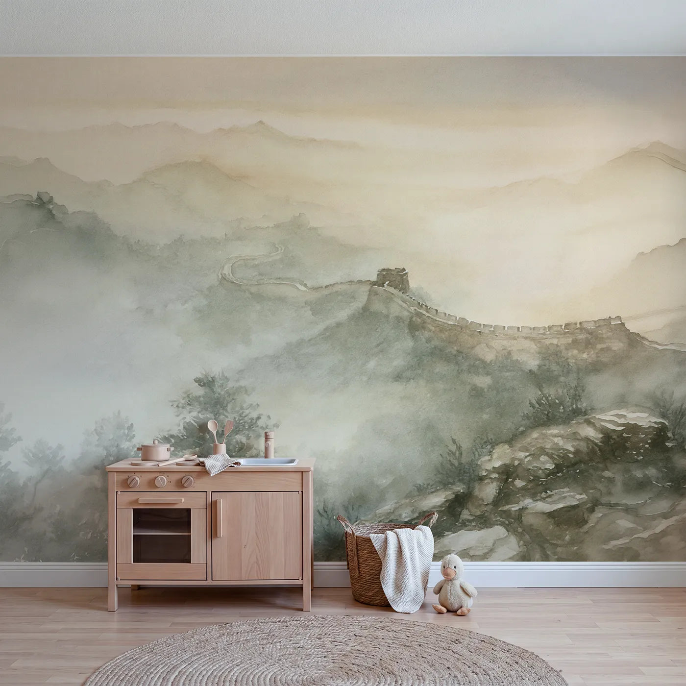 Watercolor wall mural of the Great Wall in mist by Whimsy Tots