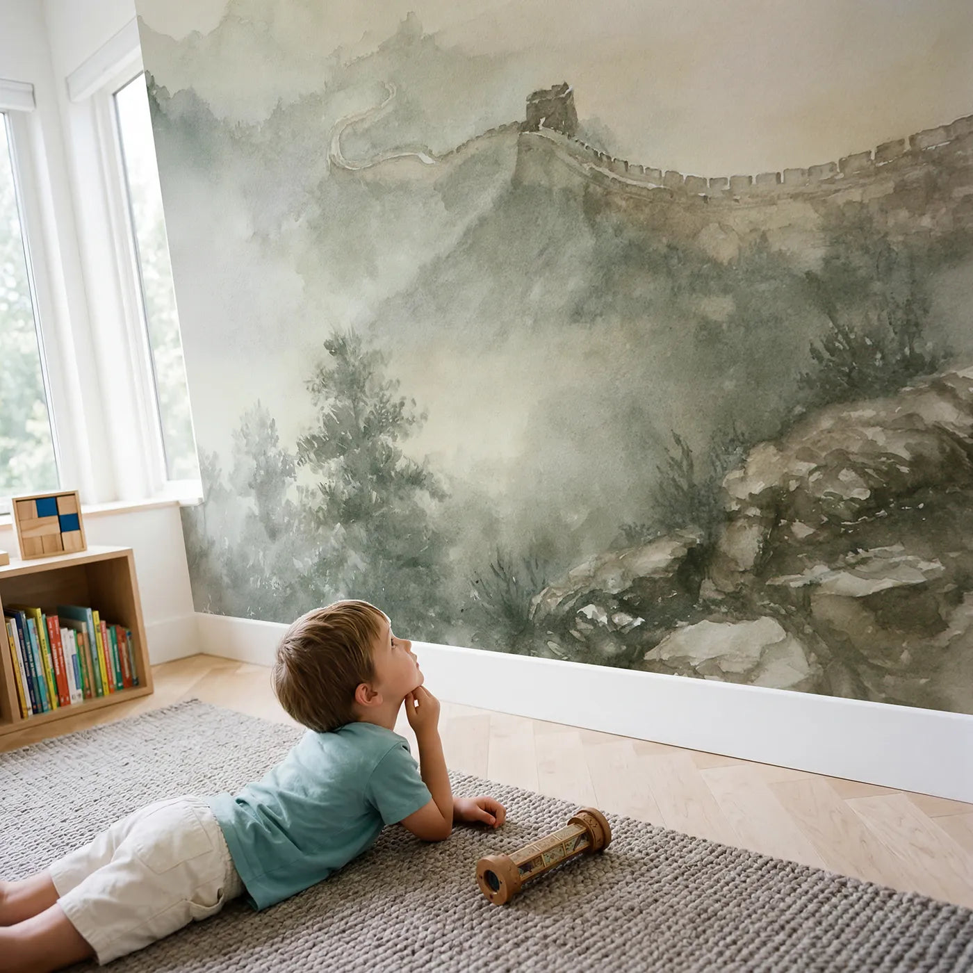 Child in nursery with Great Wall Mist Wallpaper Mural by Whimsy Tots