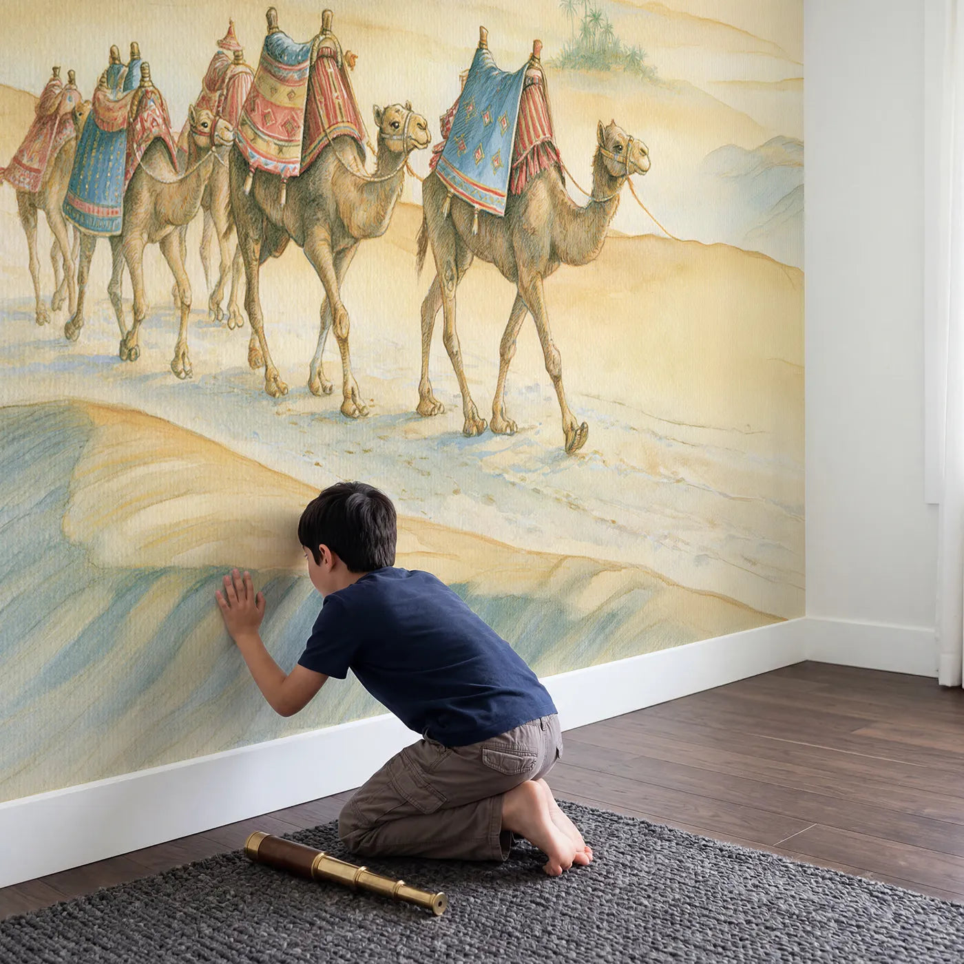 Child in nursery with Camel Desert Journey Wallpaper Mural by Whimsy Tots