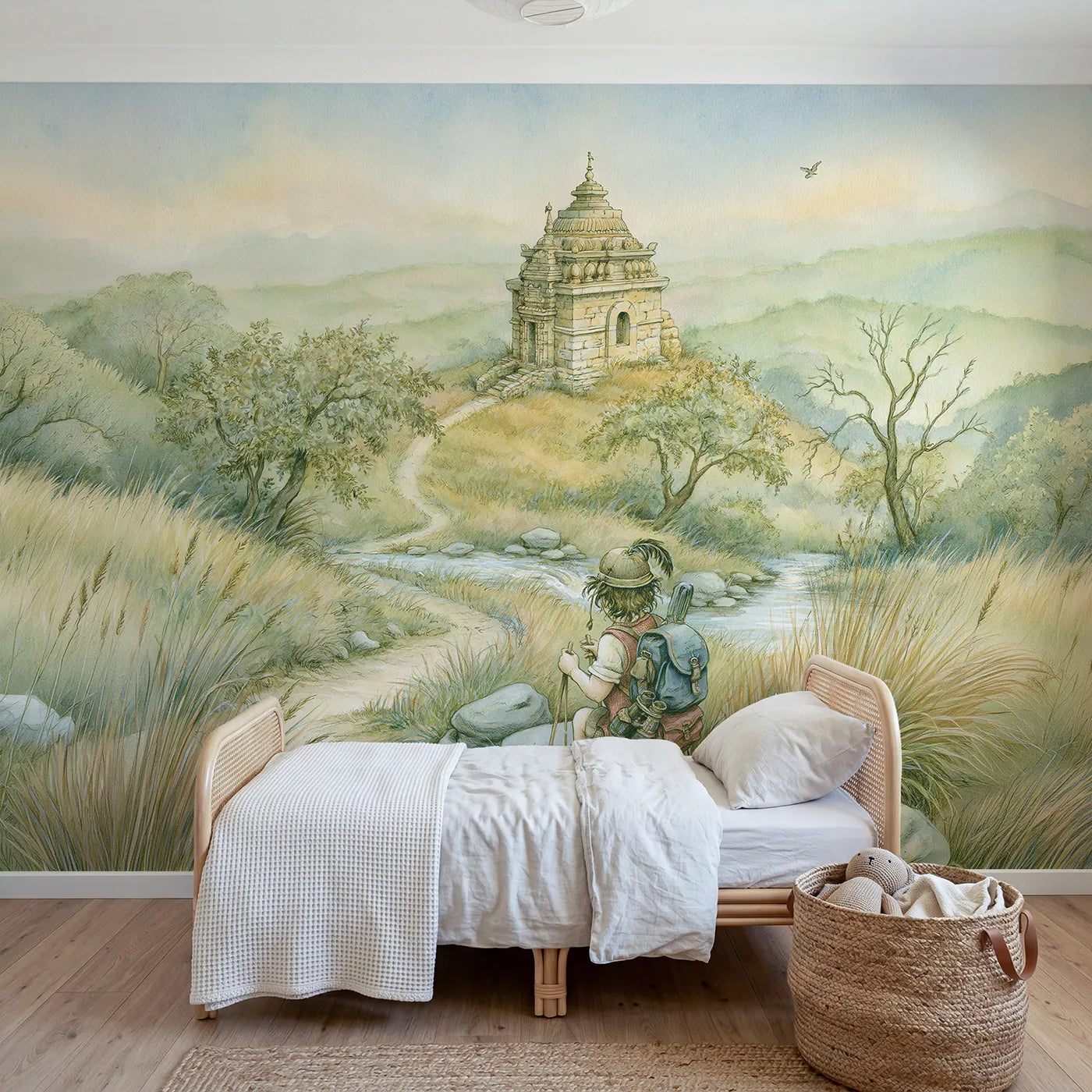 Storybook wall mural of a temple discovery trek by Whimsy Tots