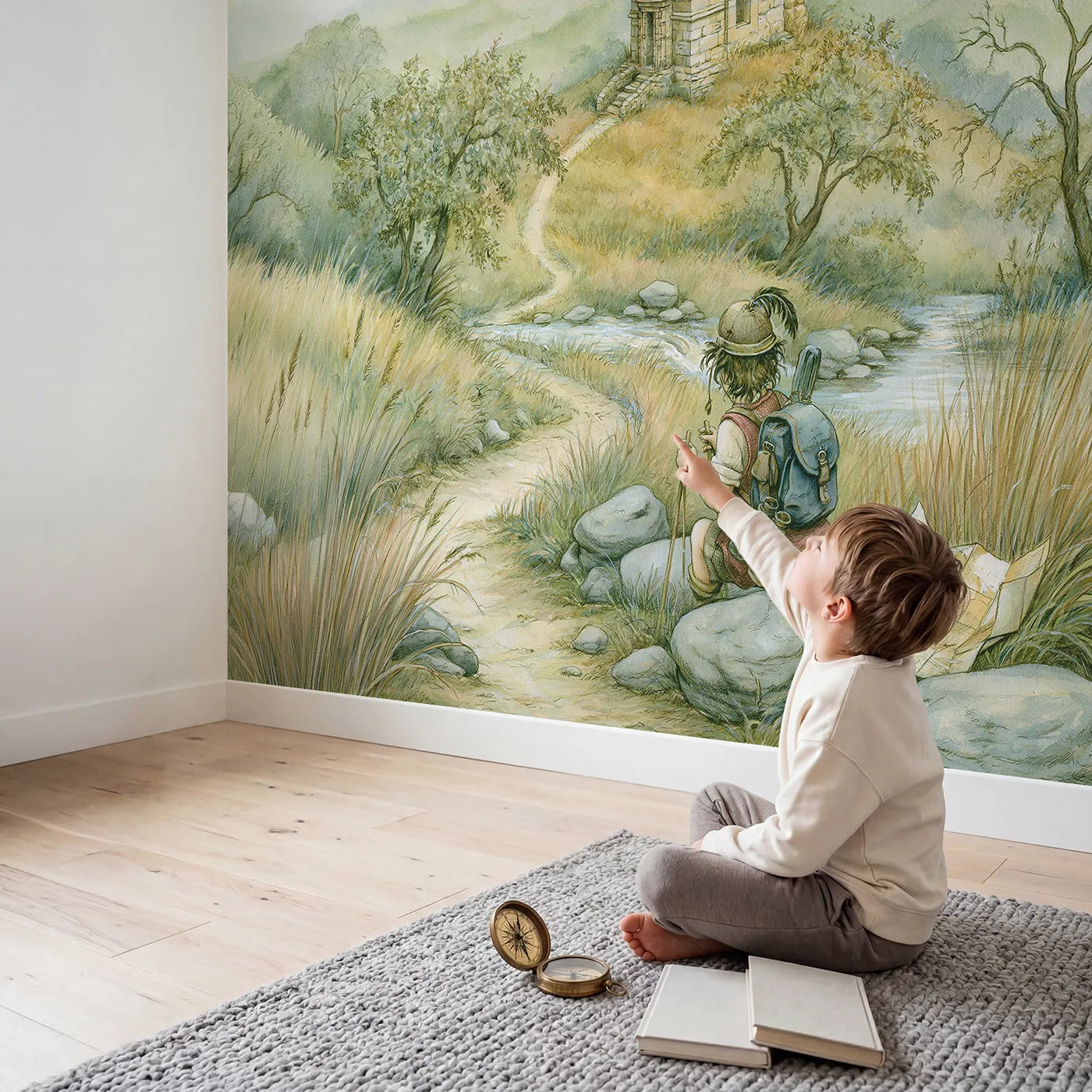 Child in nursery with Temple Discovery Trek Wallpaper Mural by Whimsy Tots