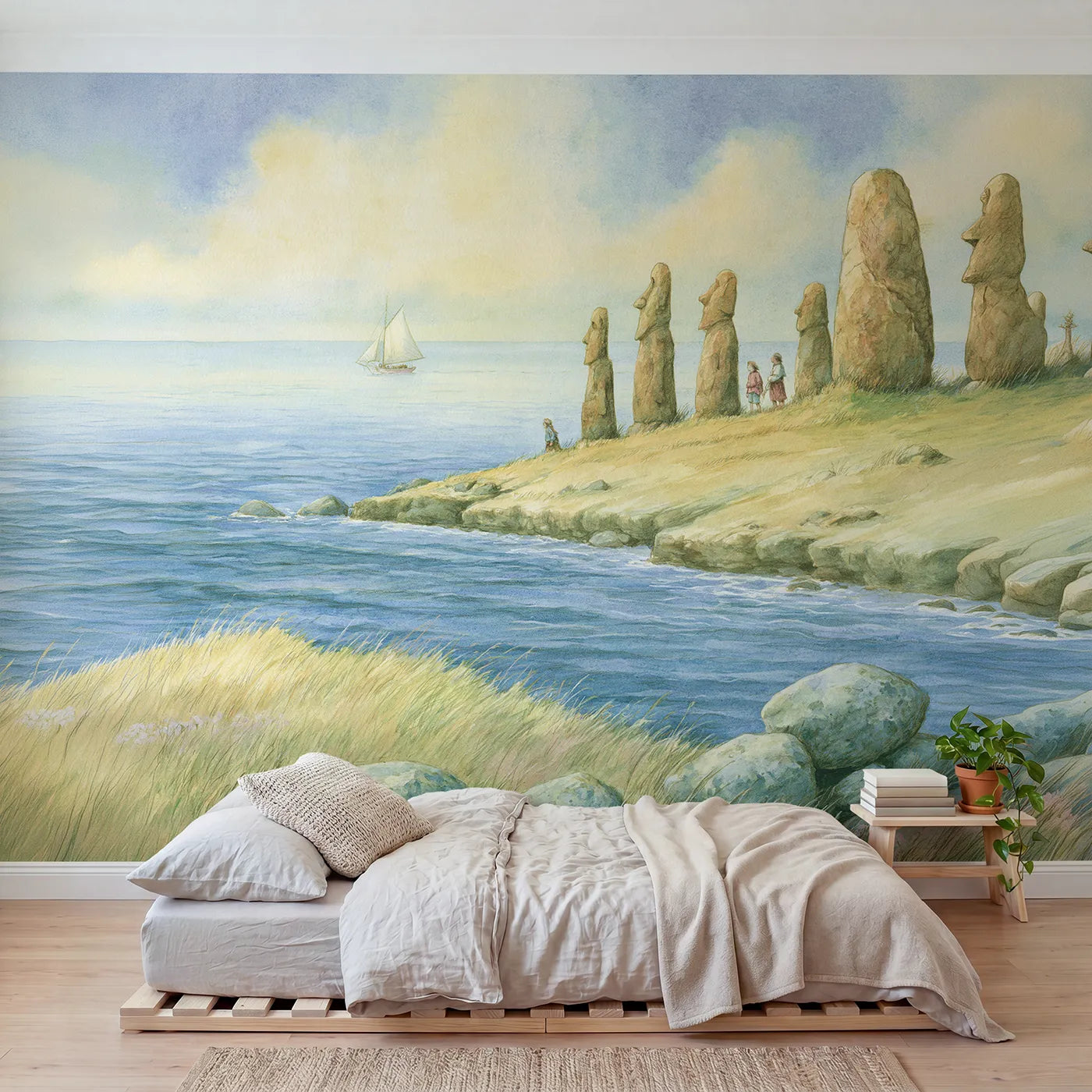 Storybook wall mural of an island statue voyage by Whimsy Tots