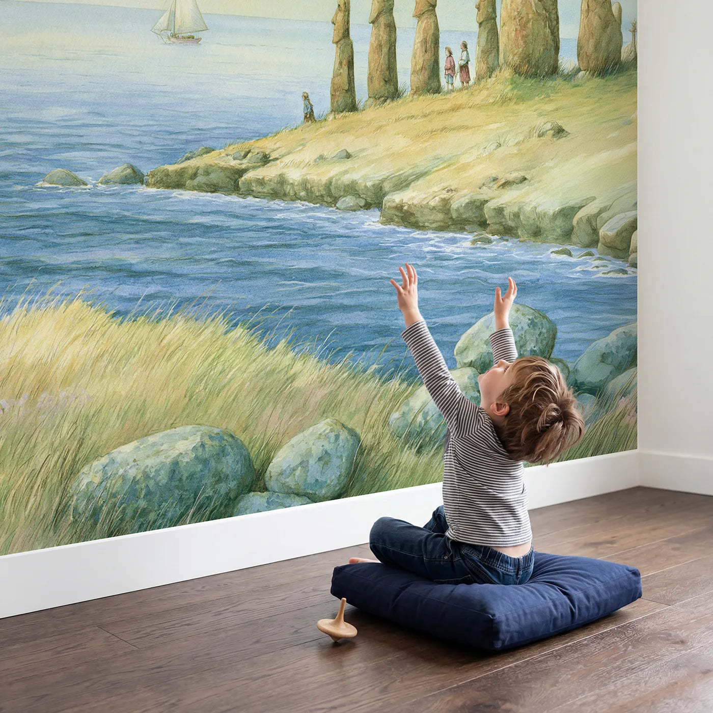 Child in nursery with Island Statue Voyage Wallpaper Mural by Whimsy Tots