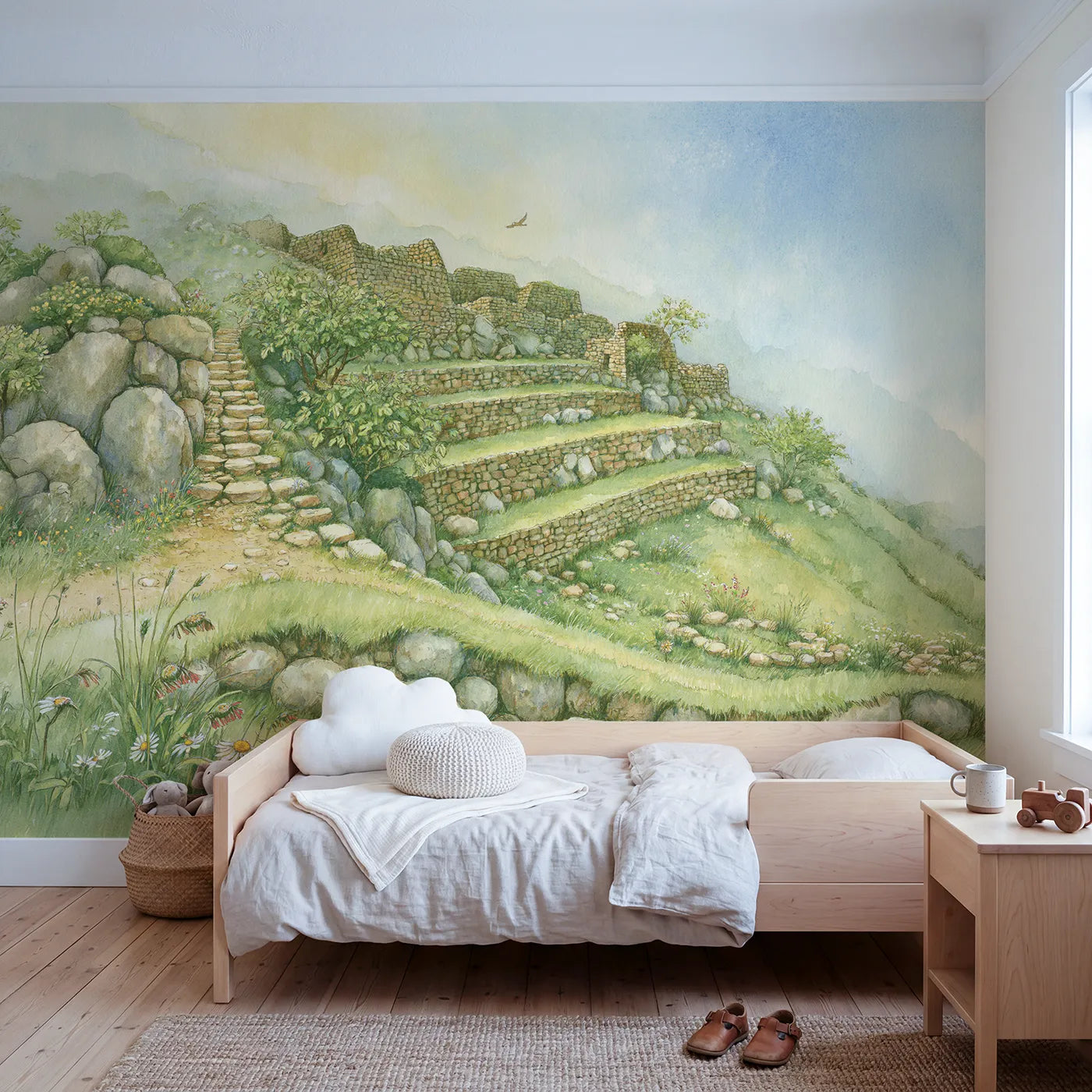 Storybook wall mural of a mountain ruins climb by Whimsy Tots
