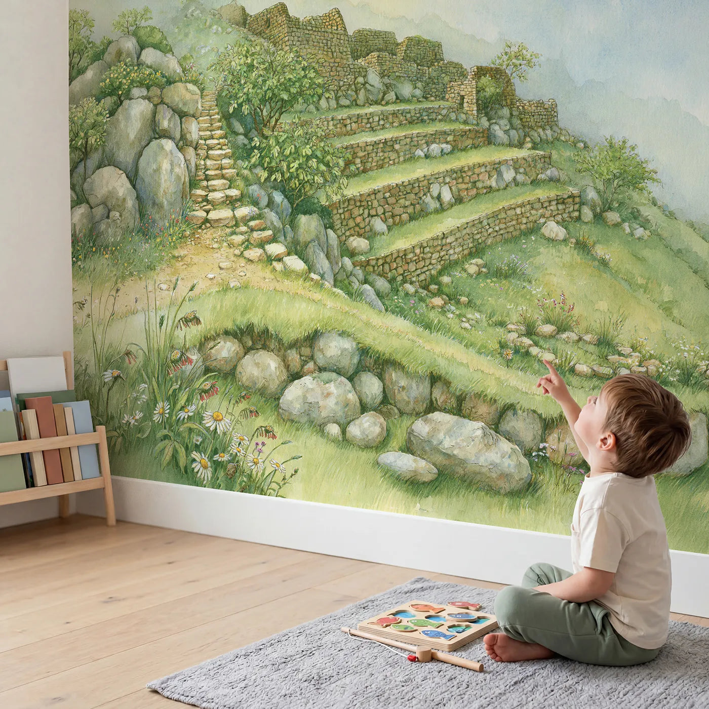 Child in nursery with Mountain Temple Climb Wallpaper Mural by Whimsy Tots