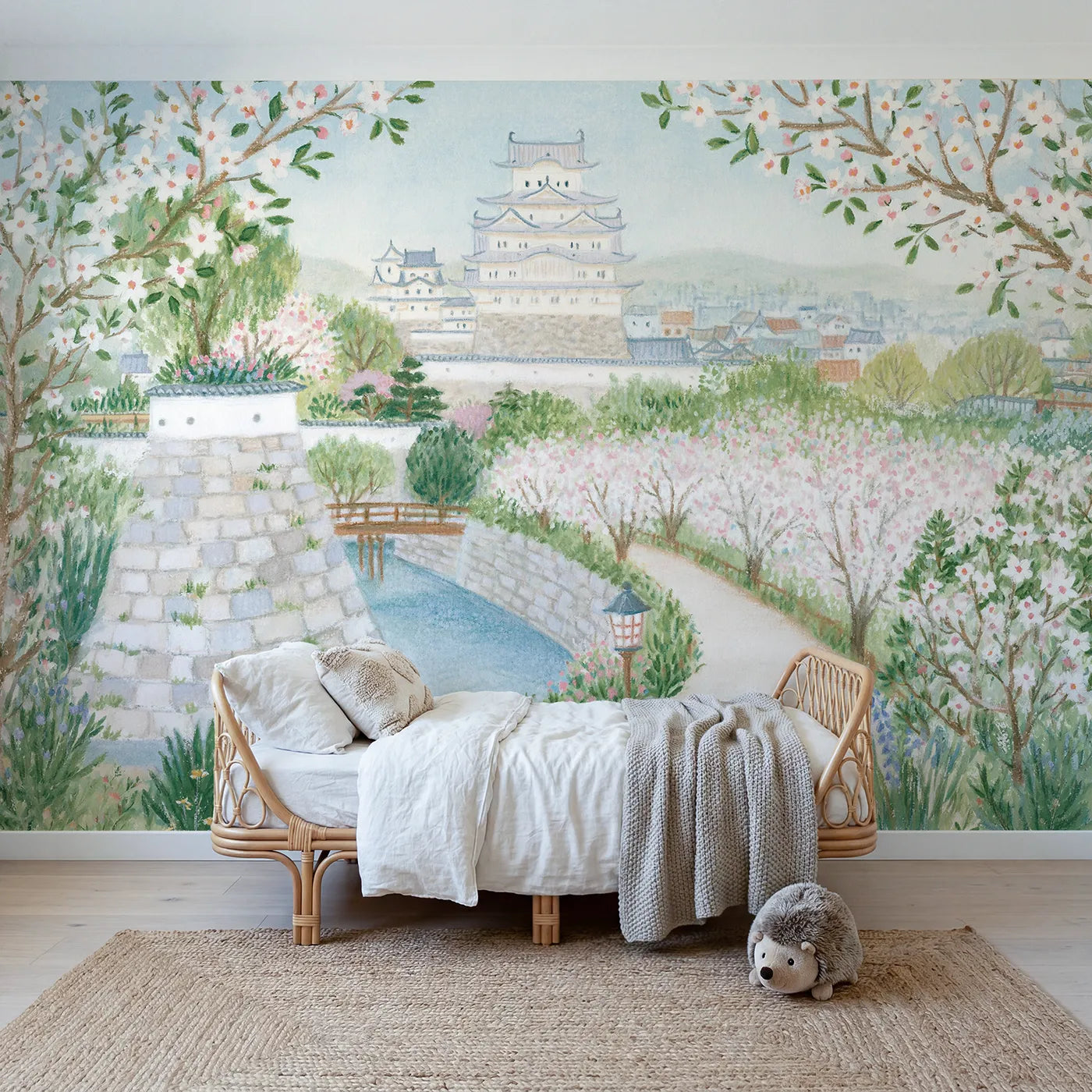 Colored Pencil white castle in tiers above a moat bridge, mural for a big-kid bedroom by Whimsy Tots