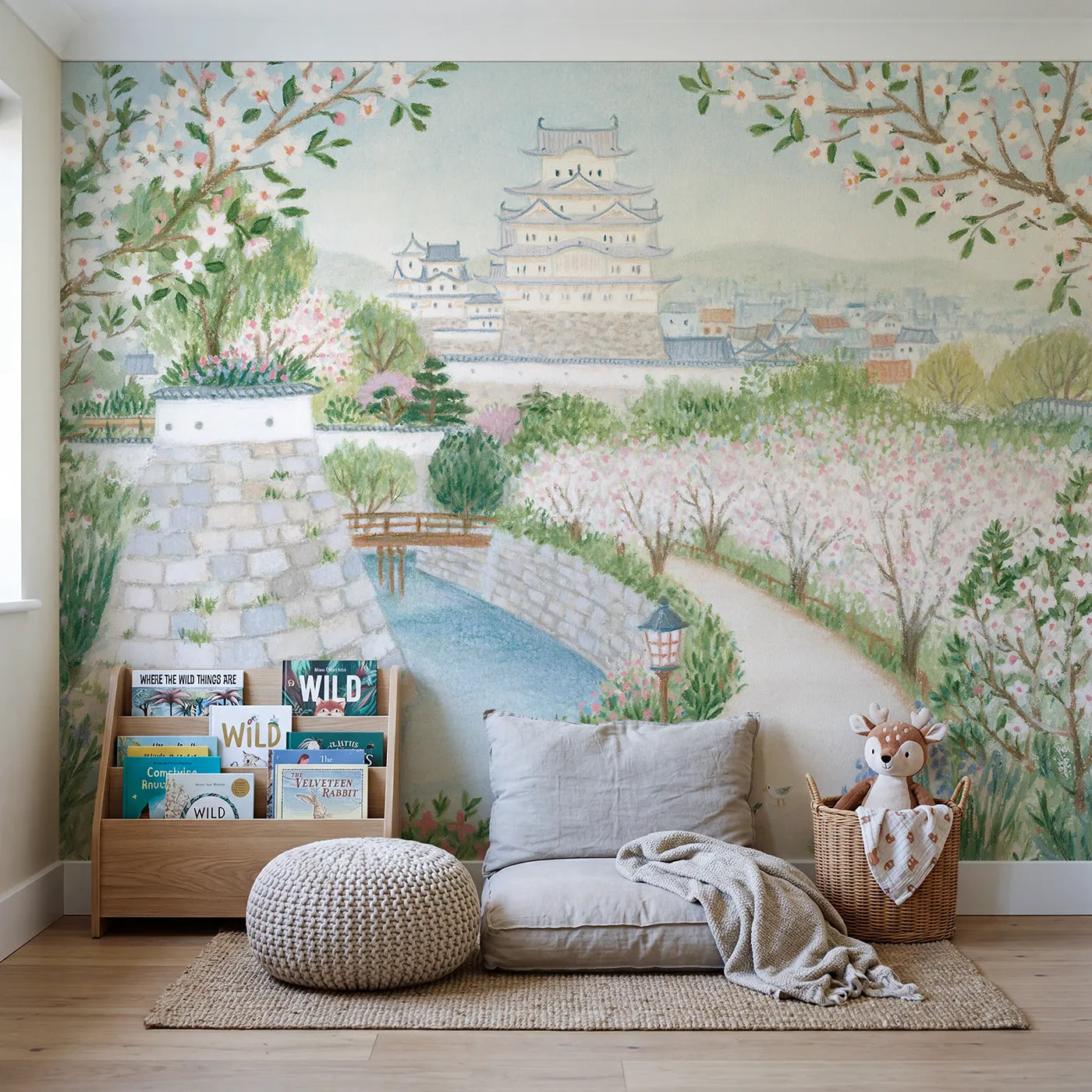 The White Heron Castle Wallpaper Mural in playroom setting by Whimsy Tots