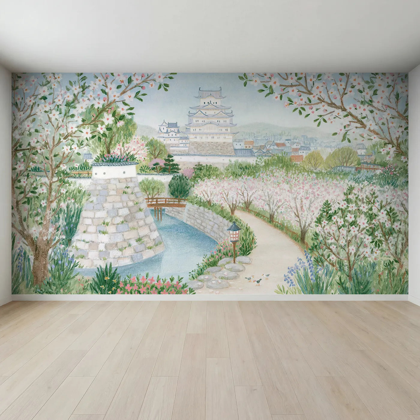 Full view of The White Heron Castle Wallpaper Mural by Whimsy Tots