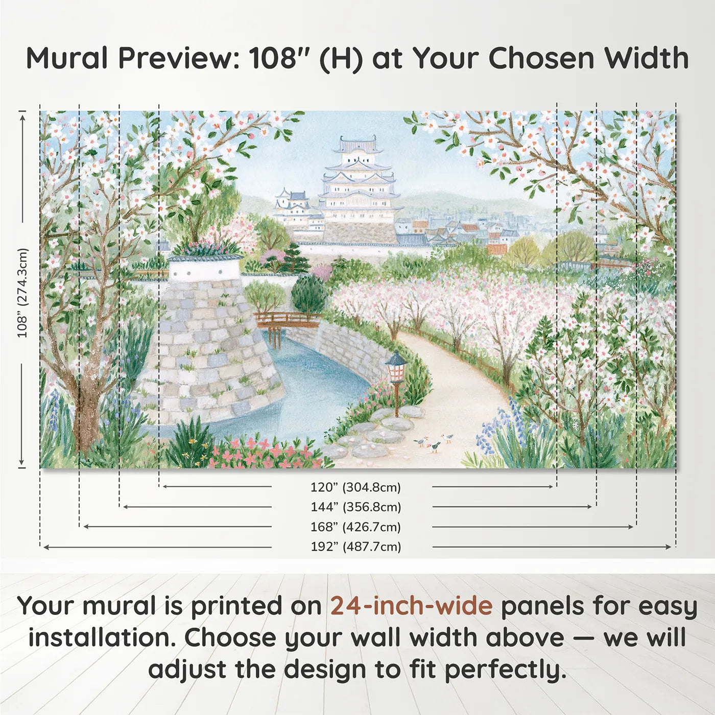 Panel layout and dimensions for The White Heron Castle Wallpaper Mural by Whimsy Tots