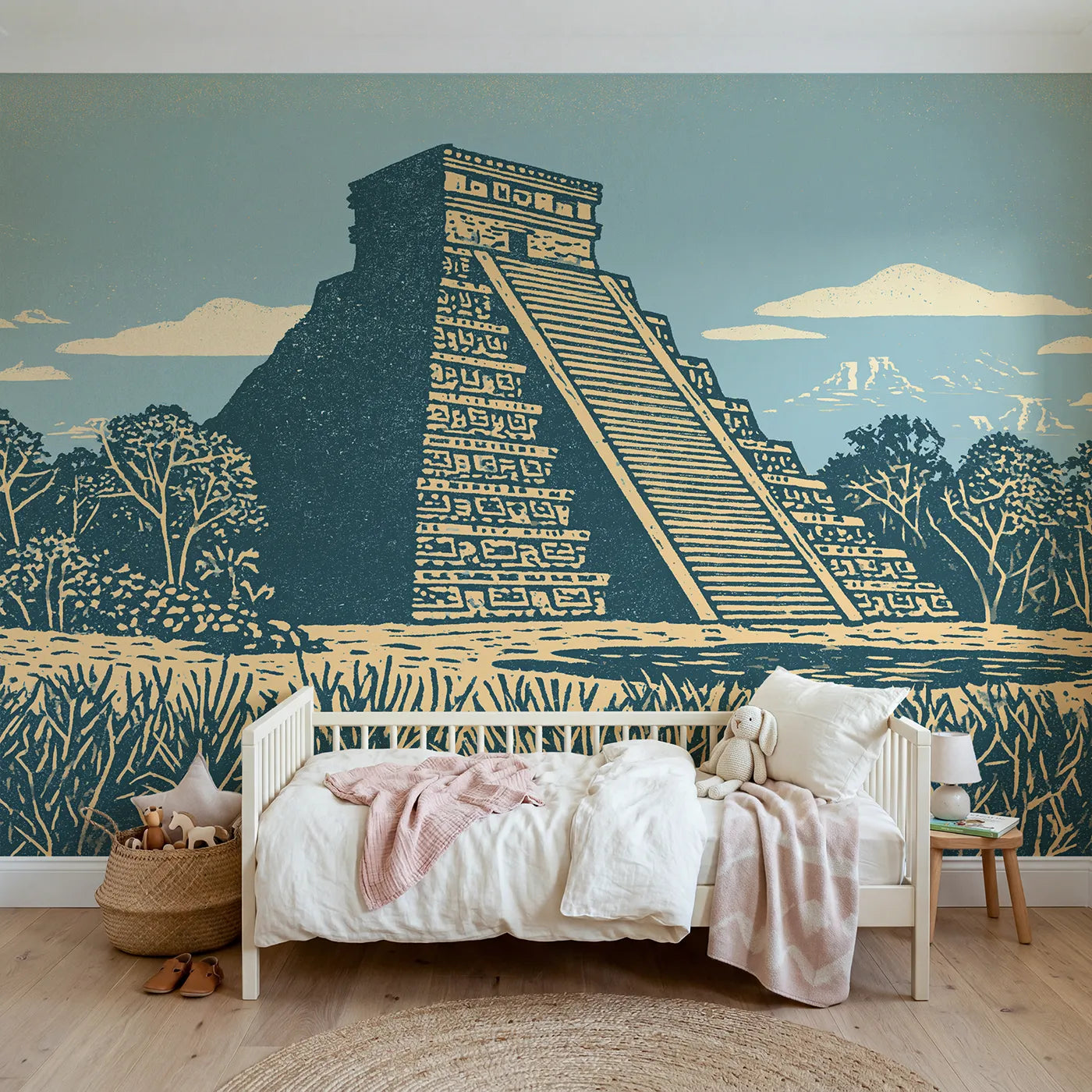 Linocut wall mural of a bold step pyramid by Whimsy Tots