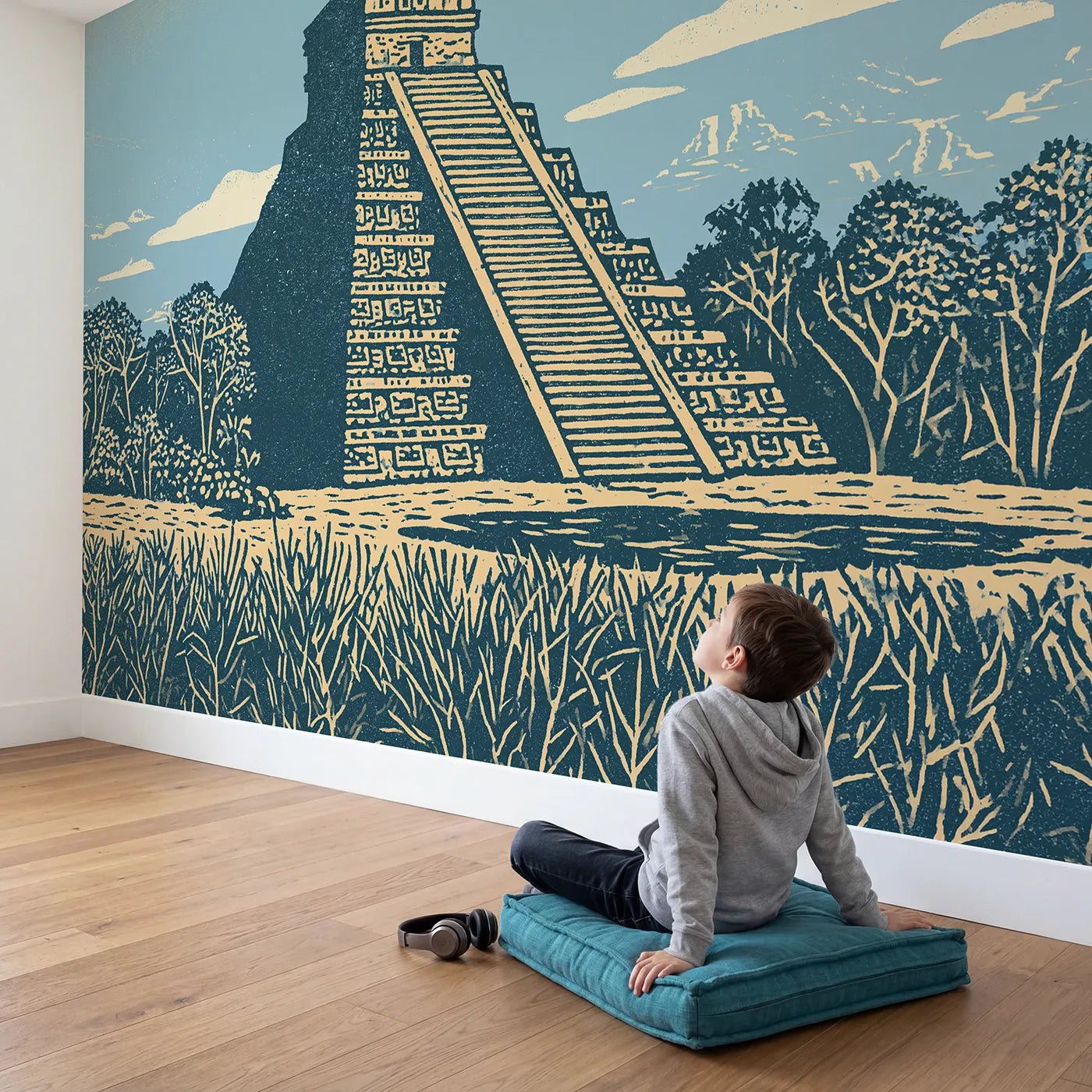 Child in nursery with Linocut Stone Pyramid Wallpaper Mural by Whimsy Tots