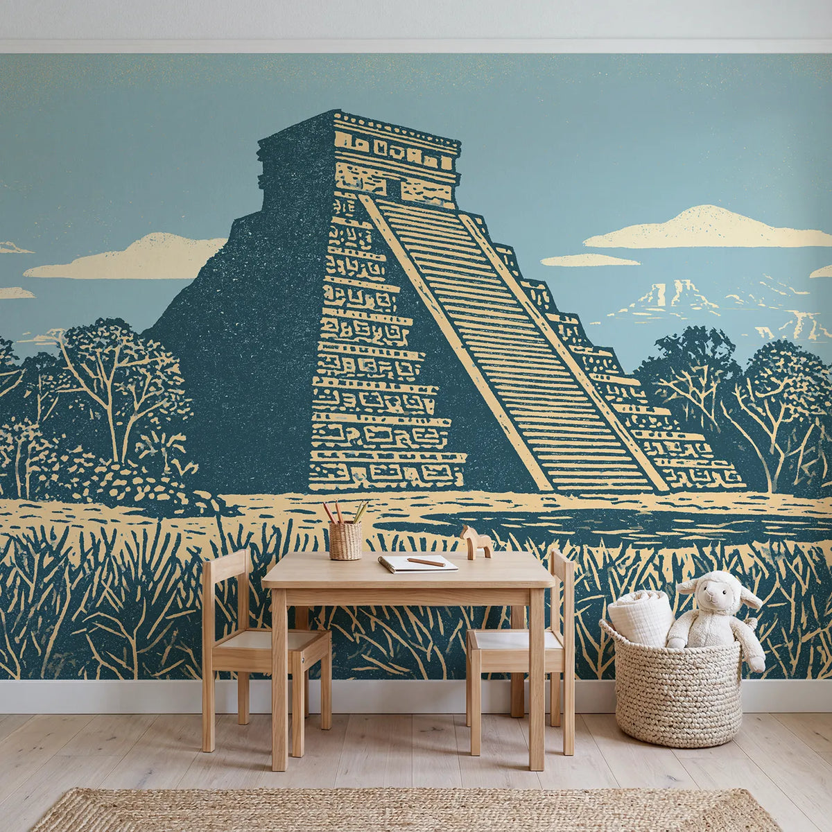 Linocut Stone Pyramid Wallpaper Mural in playroom setting by Whimsy Tots