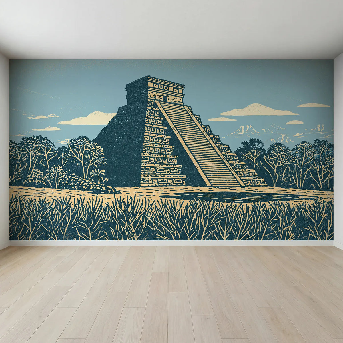 Full view of Linocut Stone Pyramid Wallpaper Mural by Whimsy Tots