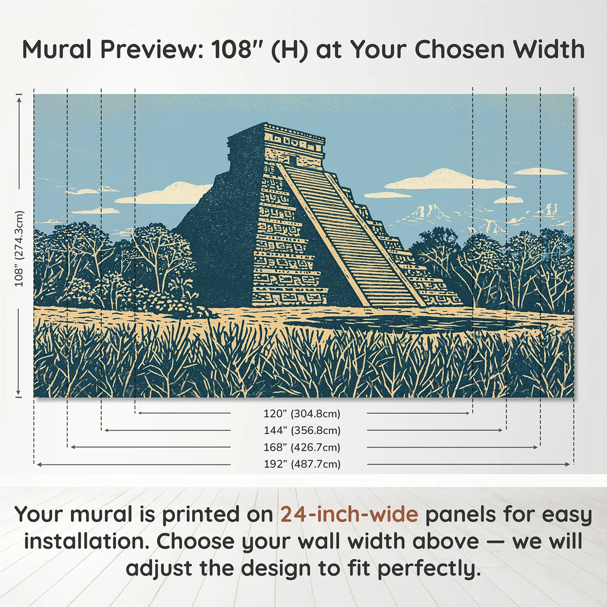 Panel layout and dimensions for Linocut Stone Pyramid Wallpaper Mural by Whimsy Tots