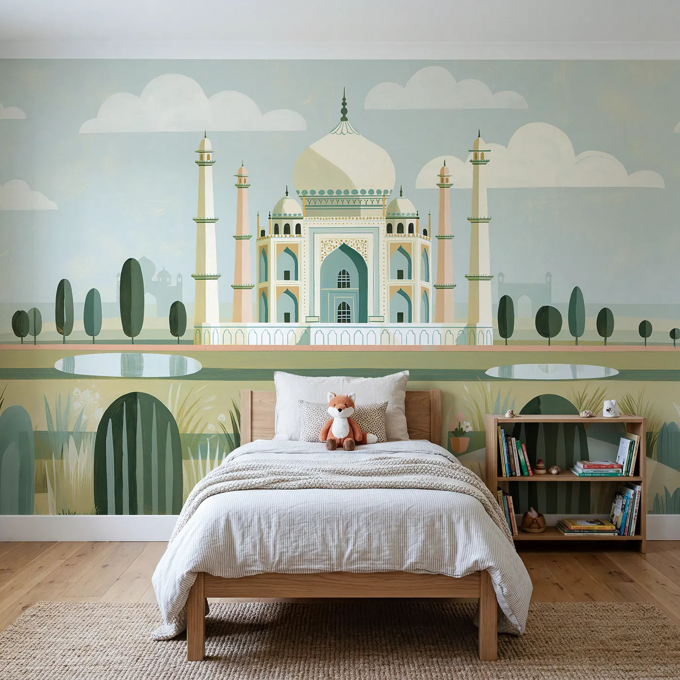 Gouache wall mural of a bold folk Taj Mahal by Whimsy Tots