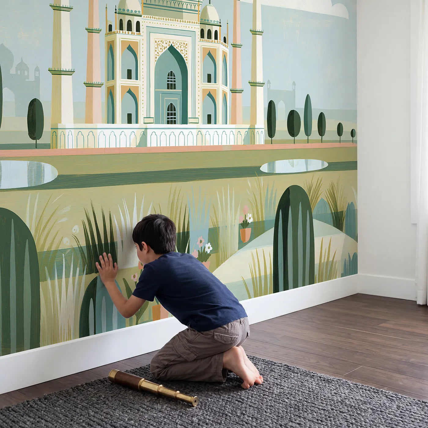 Child in nursery with Folk Taj Mahal Wallpaper Mural by Whimsy Tots