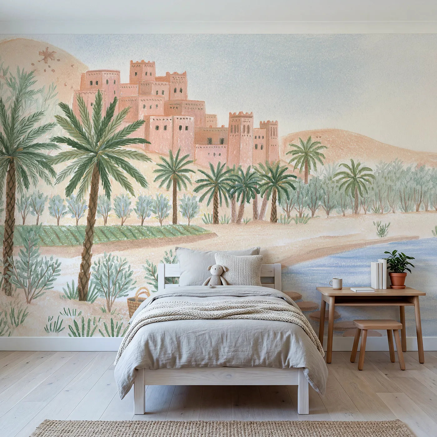 Colored Pencil mud-brick kasbah stacked up a hillside, mural for a big-kid bedroom by Whimsy Tots