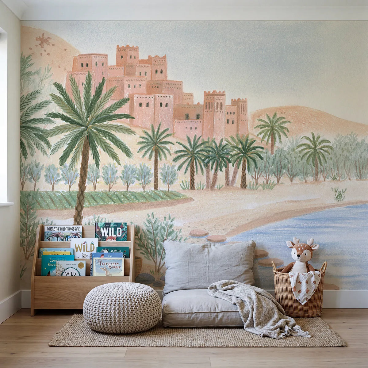 The Desert Kasbah Wallpaper Mural in playroom setting by Whimsy Tots