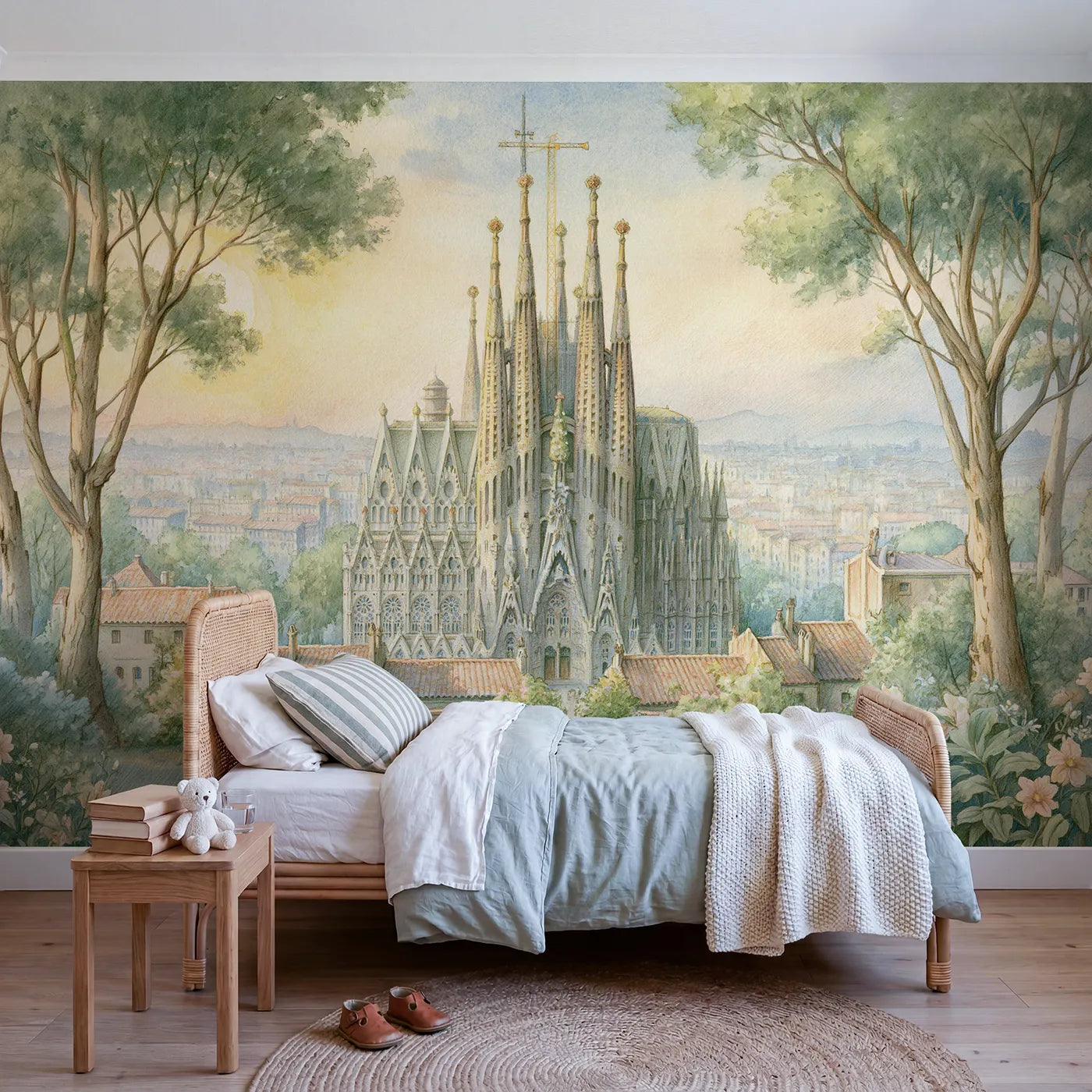 Watercolor wall mural of the Sagrada Familia spires by Whimsy Tots
