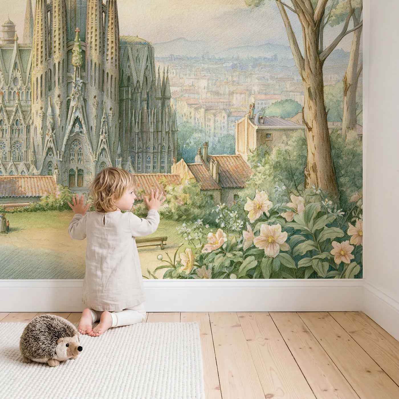 Child in nursery with Sagrada Familia Wallpaper Mural by Whimsy Tots