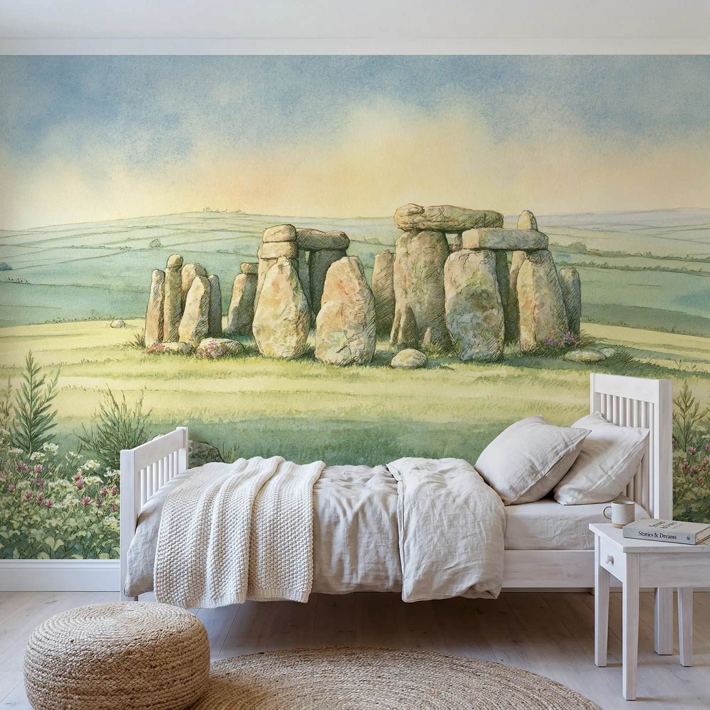 Watercolor wall mural of the Stonehenge circle by Whimsy Tots