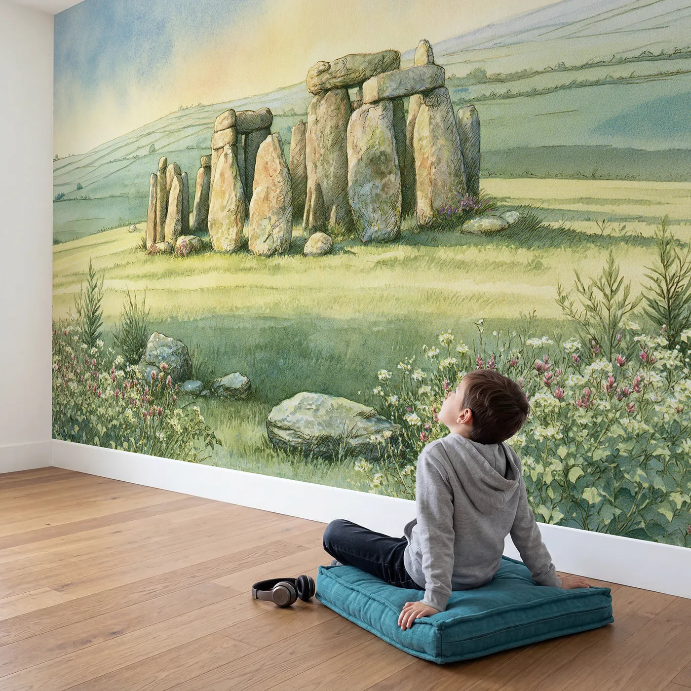 Child in nursery with Ancient Stonehenge Wallpaper Mural by Whimsy Tots