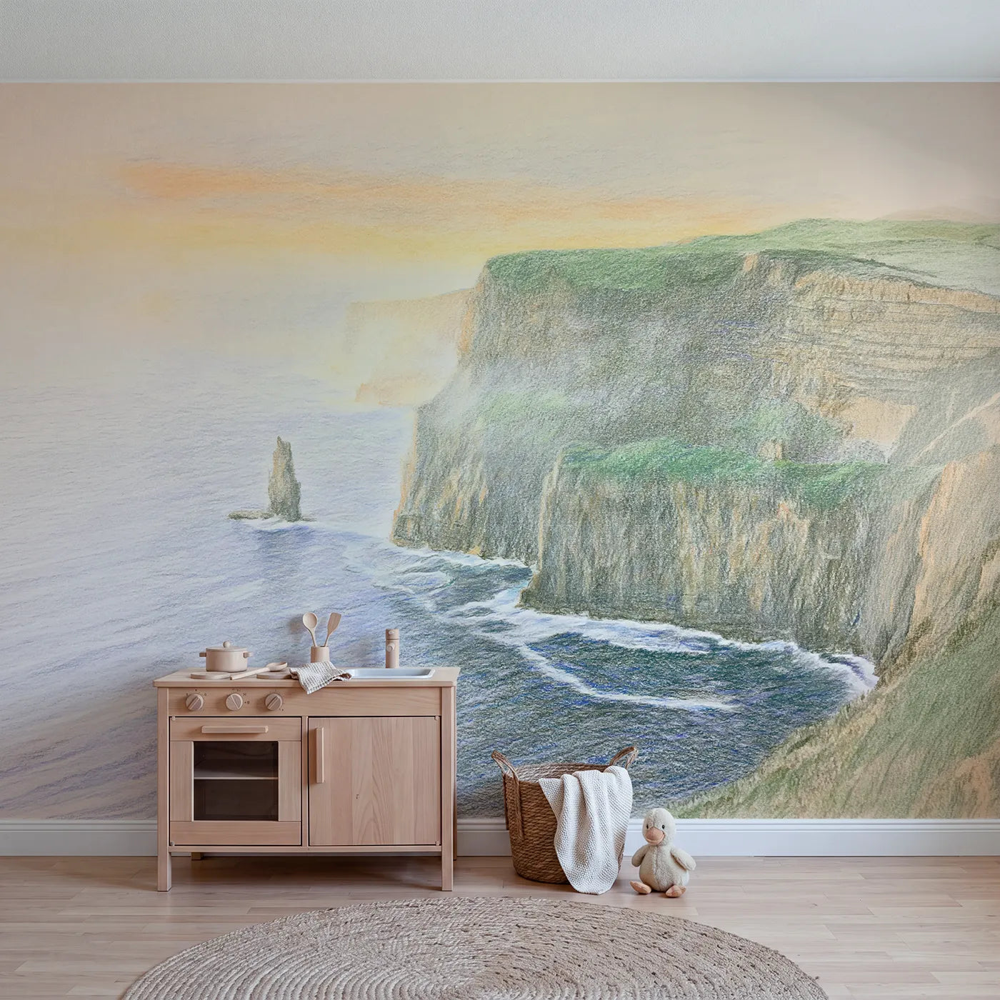 Colored-pencil wall mural of the Cliffs of Moher by Whimsy Tots