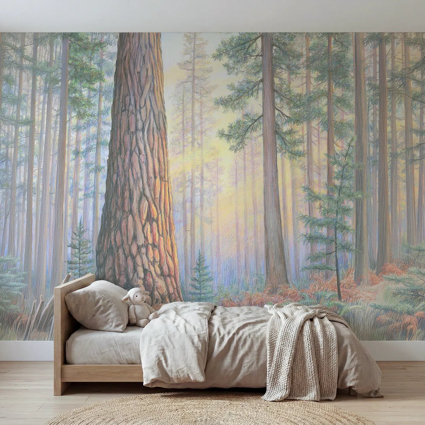 Colored-pencil wall mural of towering redwood giants by Whimsy Tots