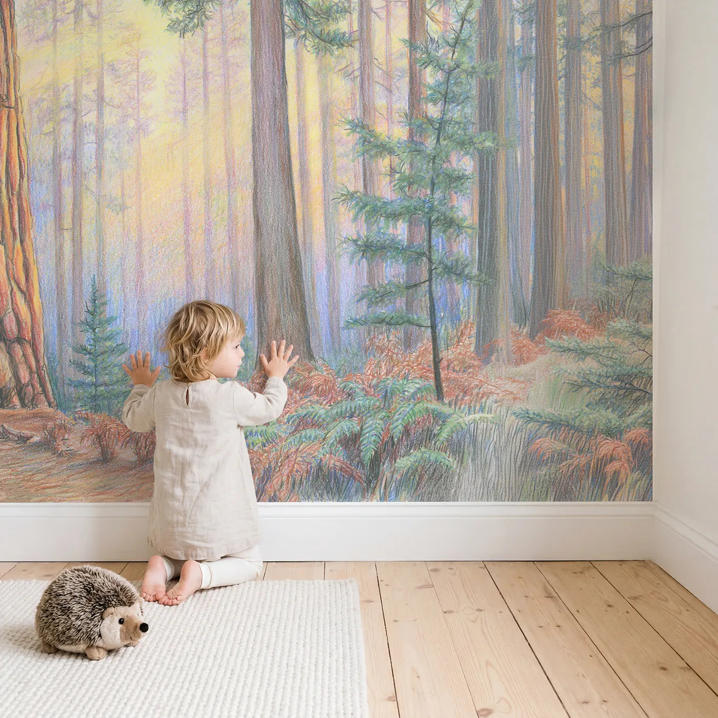 Child in nursery with Redwood Giants Wallpaper Mural by Whimsy Tots