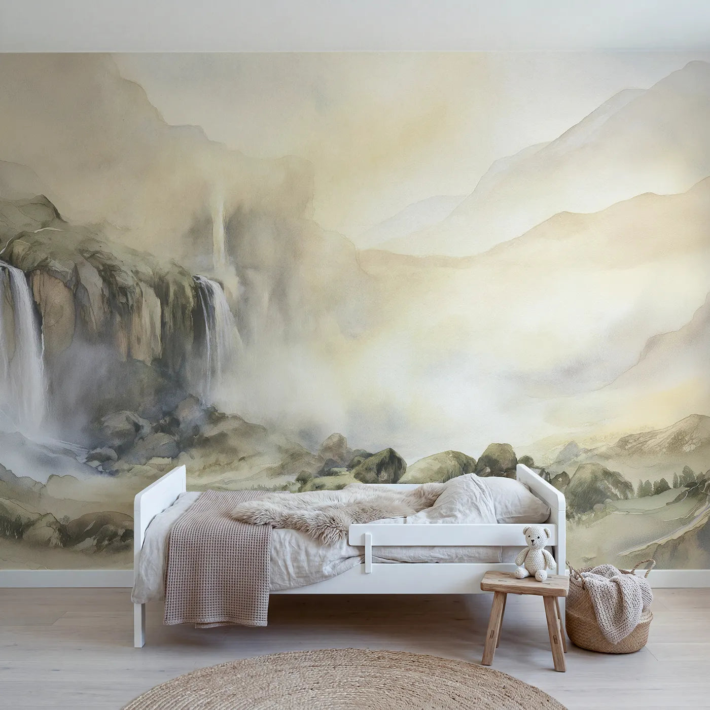 Watercolor wall mural of a misty mountain waterfall by Whimsy Tots