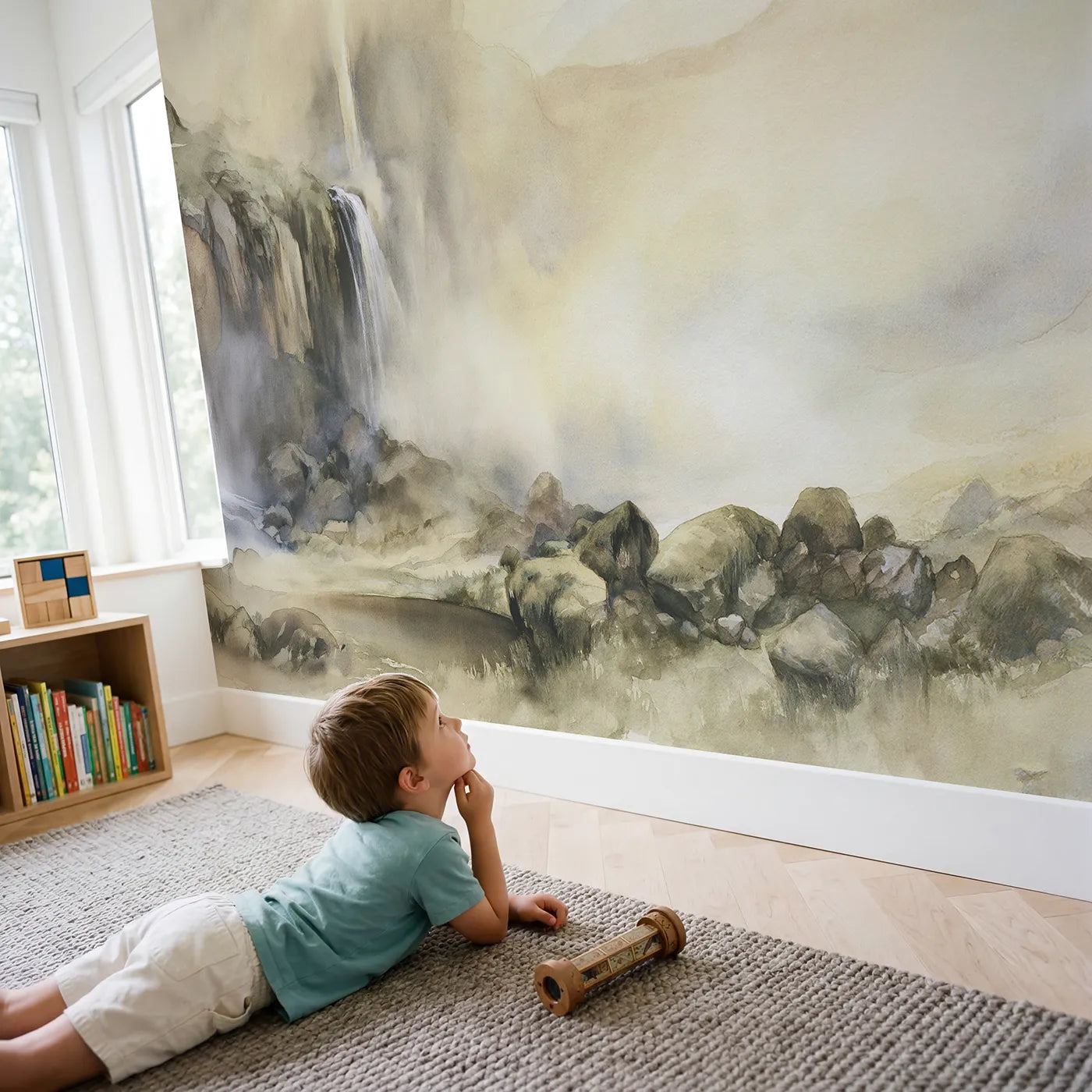 Child in nursery with Misty Mountain Falls Wallpaper Mural by Whimsy Tots