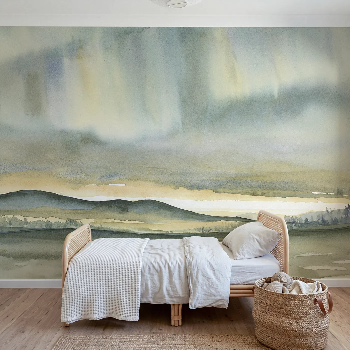Watercolor wall mural of a gentle pastel aurora by Whimsy Tots