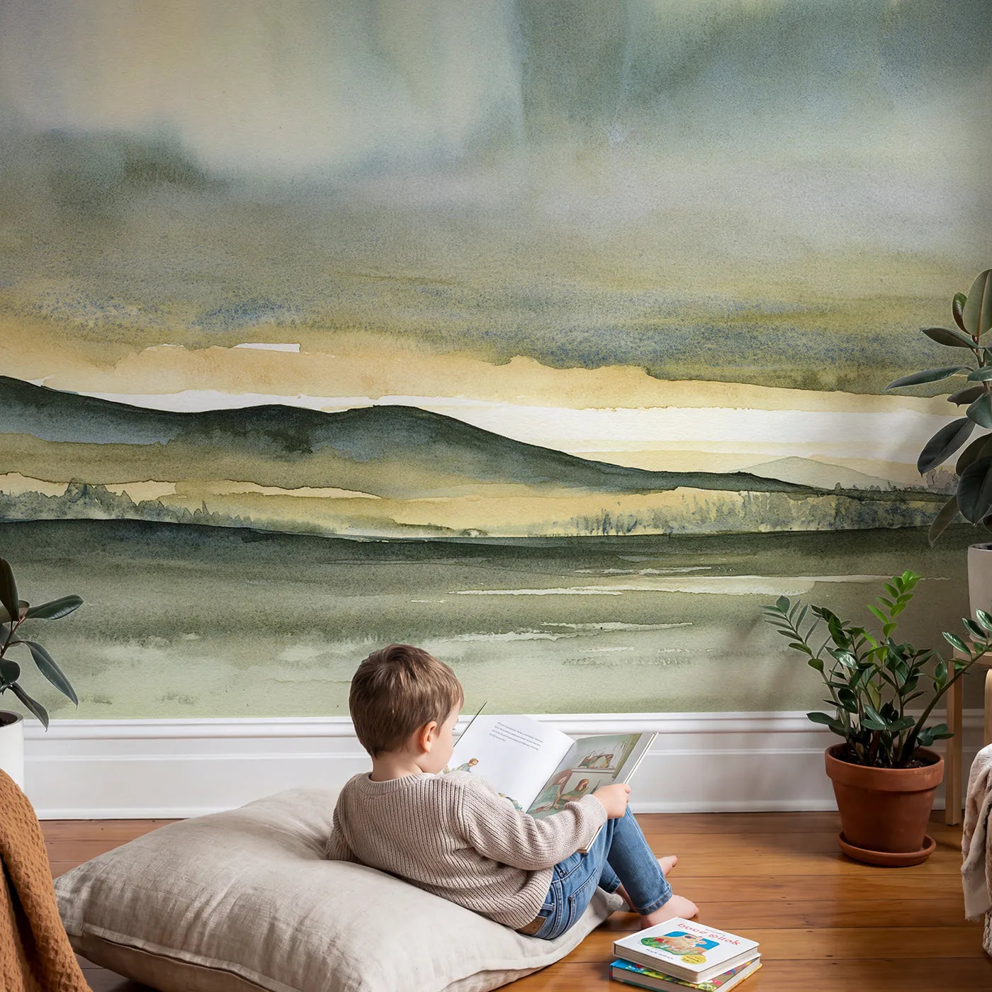 Child in nursery with Soft Aurora Sky Wallpaper Mural by Whimsy Tots
