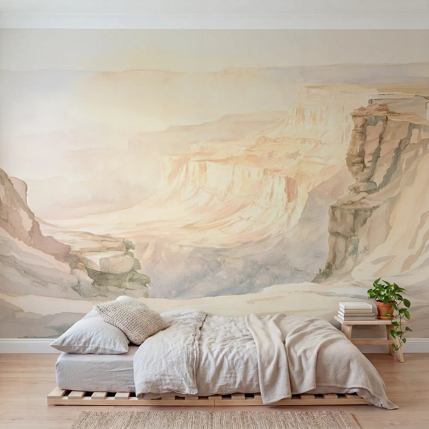 Watercolor wall mural of hazy canyon layers by Whimsy Tots