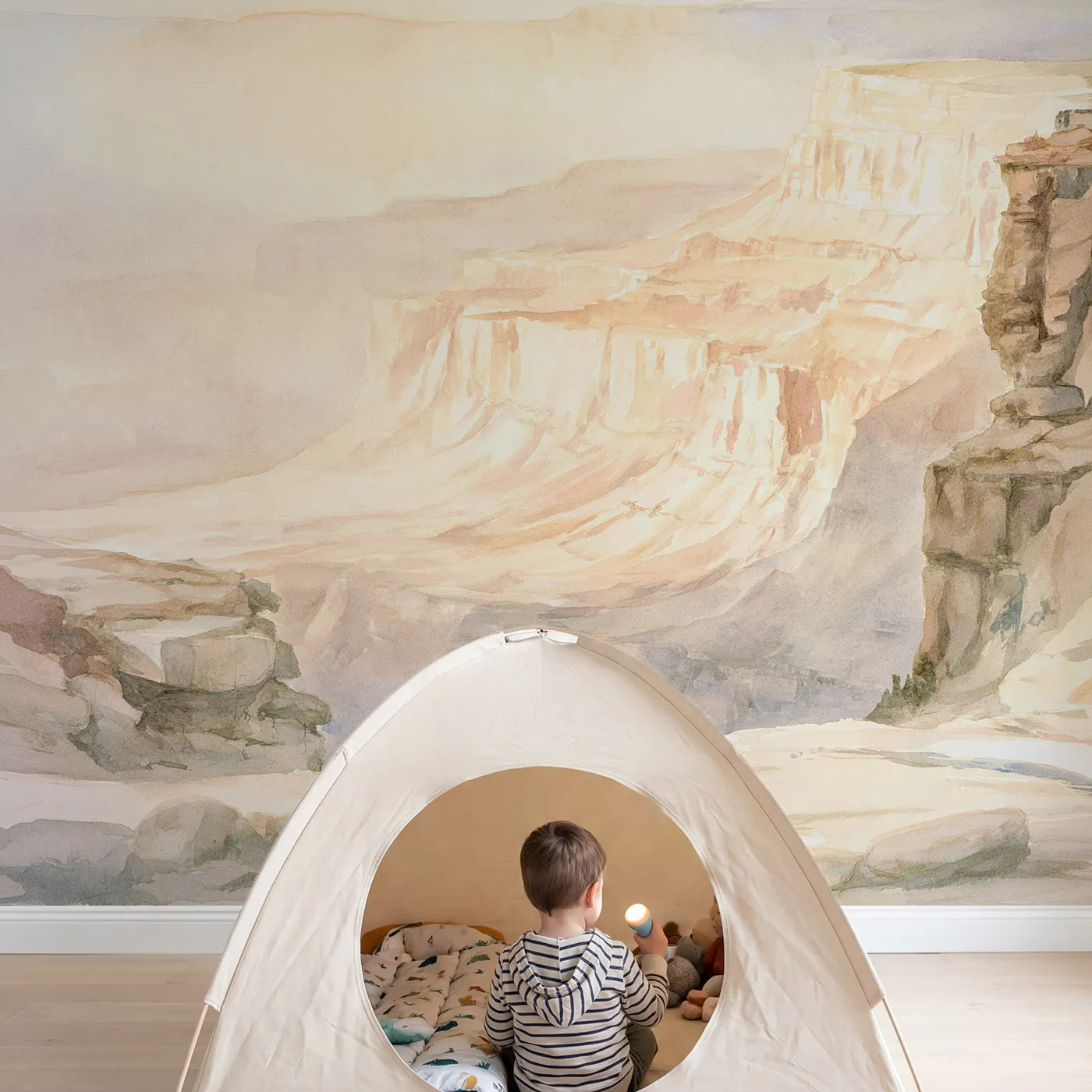 Child in nursery with Hazy Canyon Layers Wallpaper Mural by Whimsy Tots