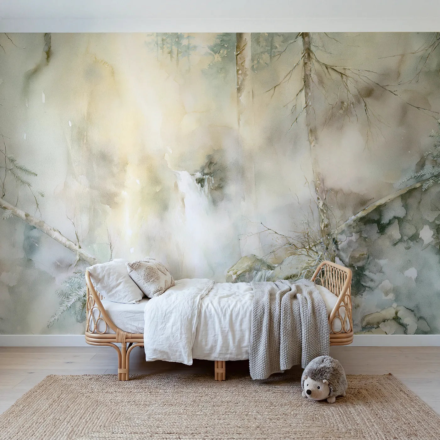 Watercolor wall mural of a misty forest waterfall by Whimsy Tots