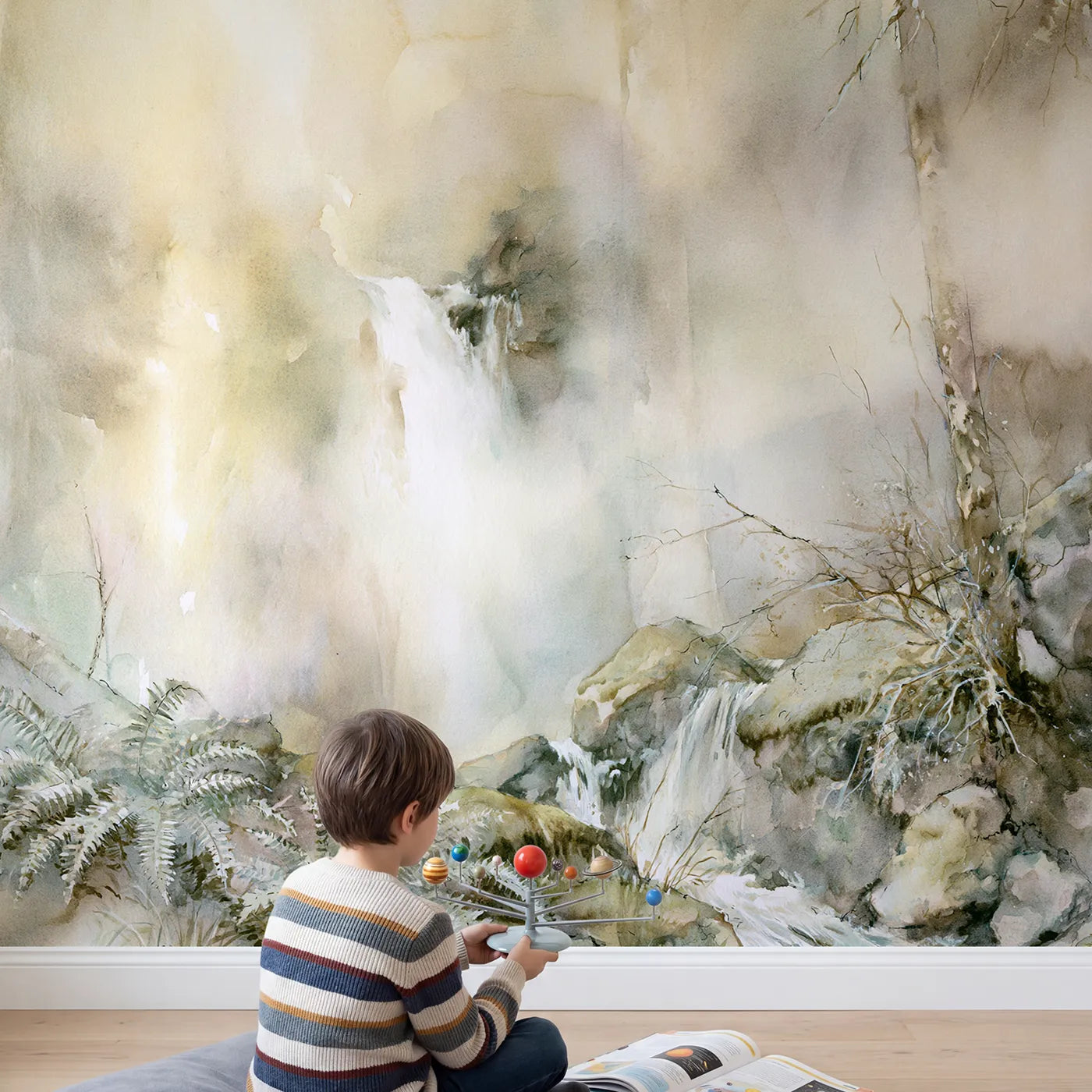 Child in nursery with Misty Forest Falls Wallpaper Mural by Whimsy Tots