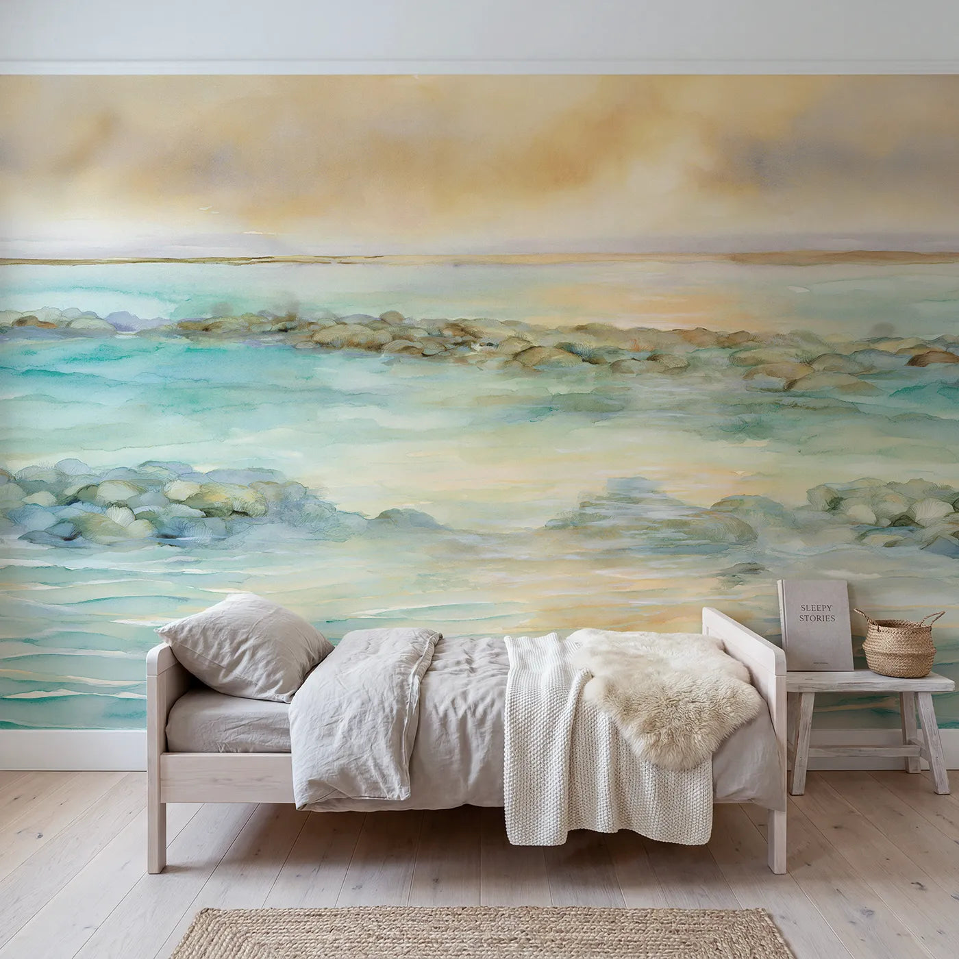 Watercolor wall mural of a tranquil reef lagoon by Whimsy Tots
