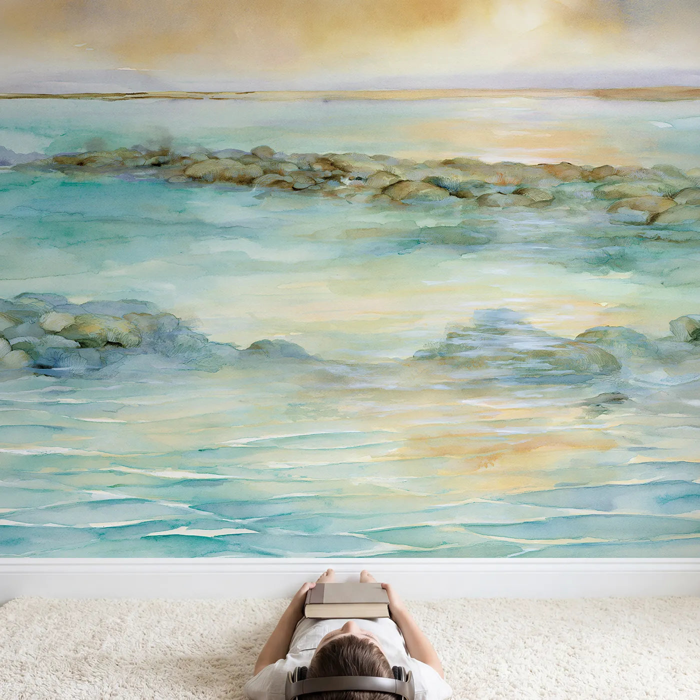 Child in nursery with Tranquil Reef Lagoon Wallpaper Mural by Whimsy Tots