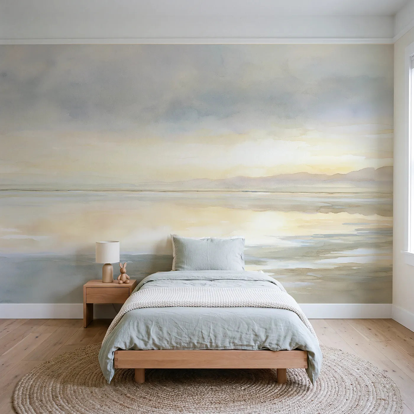 Watercolor wall mural of a mirroring salt flat by Whimsy Tots