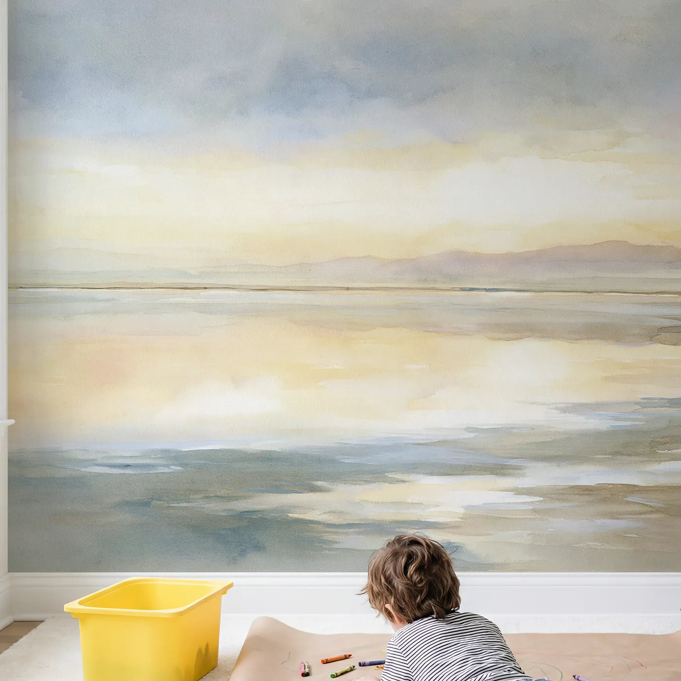 Child in nursery with Salt Flat Mirror Wallpaper Mural by Whimsy Tots