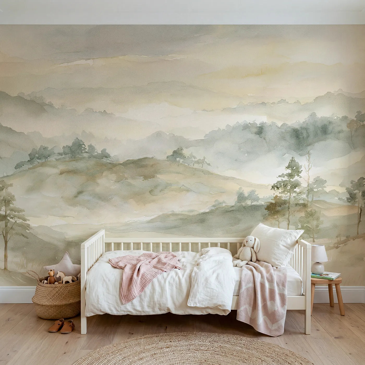 Watercolor wall mural of layered misty hills by Whimsy Tots